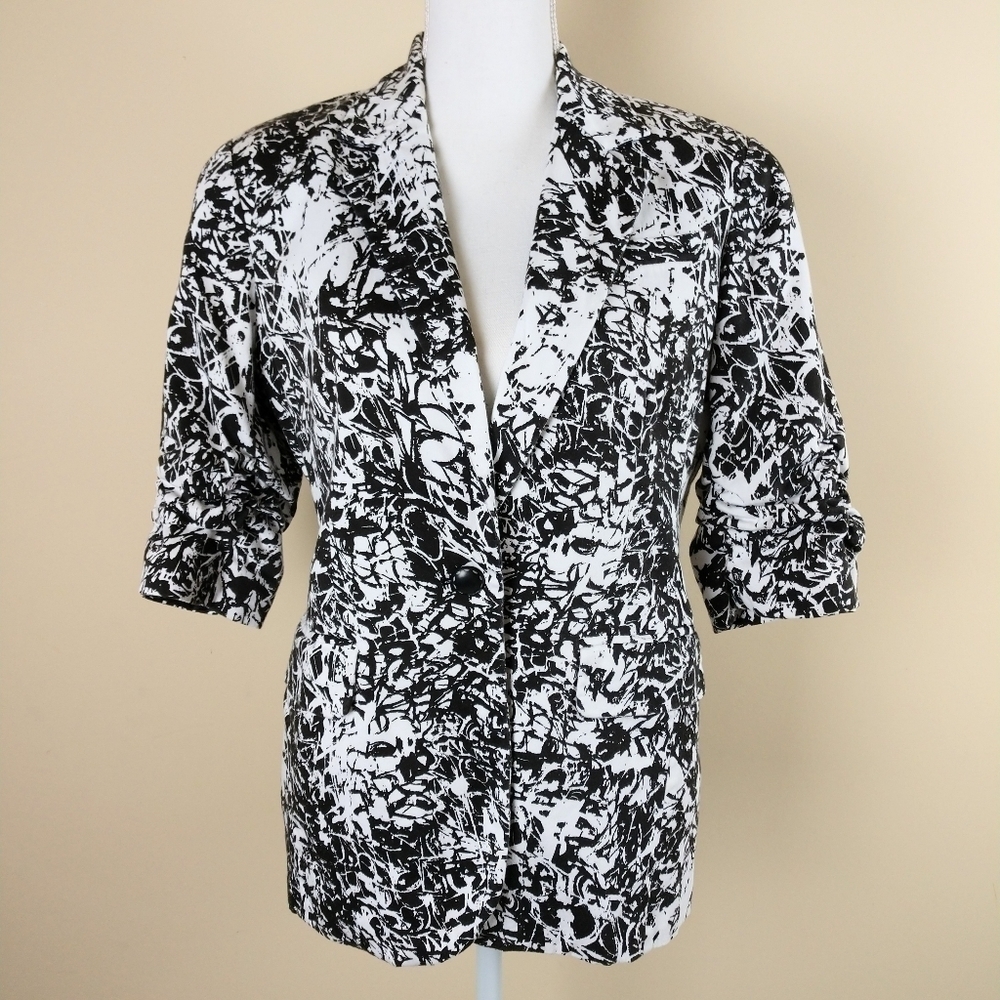 Coldwater Creek Black/White Ruched Sleeve Blazer Jacket